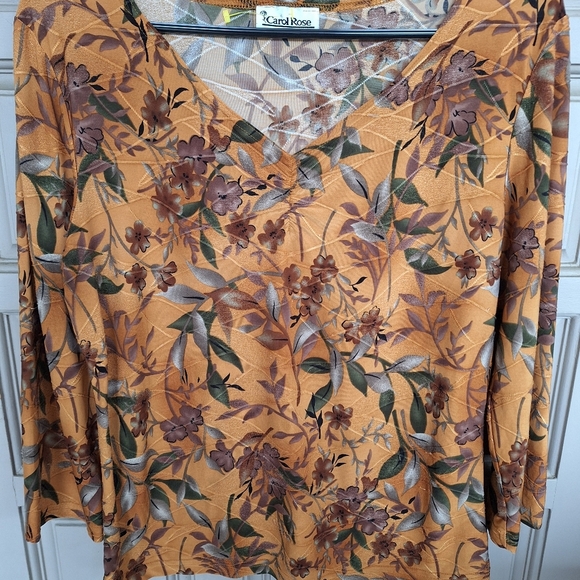 Carol Rose SzL Floral V-Neck Top - Pretty Mustard and Brown 3/4 Sleeves Stretchy - Picture 5 of 7